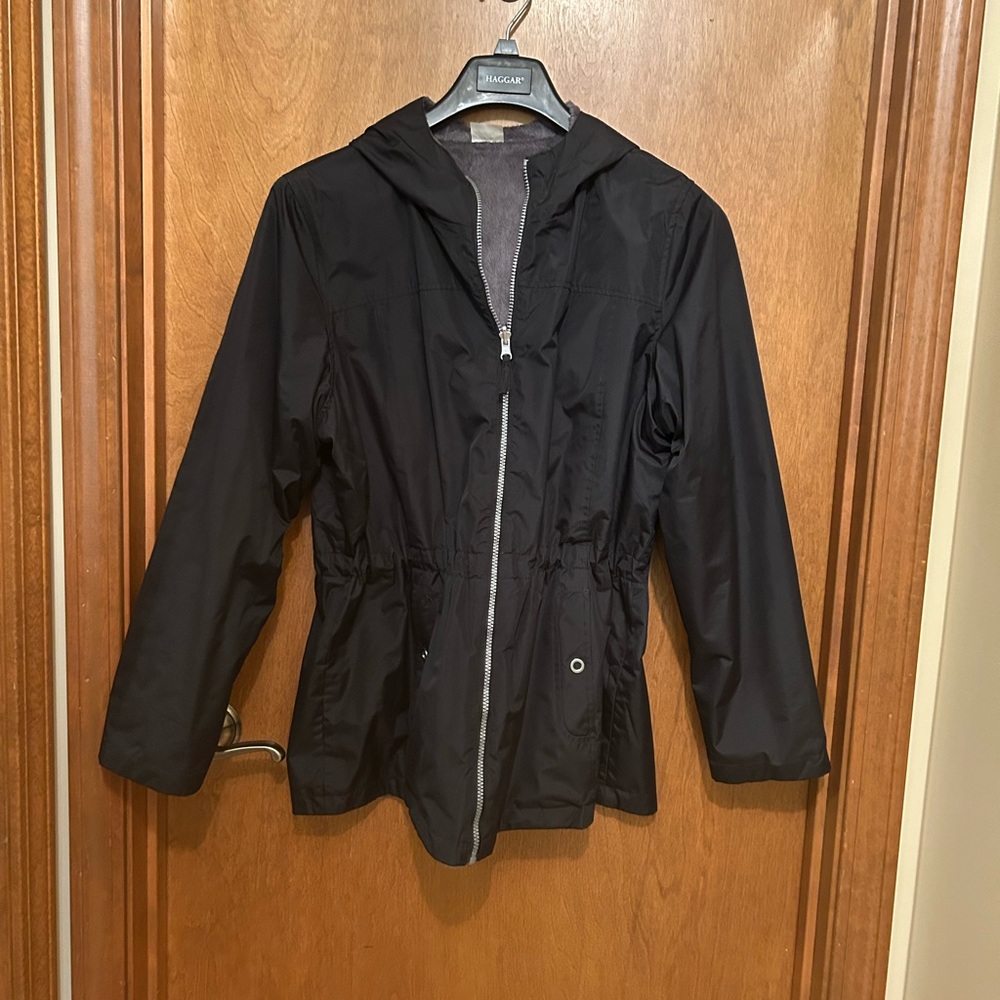 Reversible rain or shine zip up hooded jacket with adjustable waist size 12-14